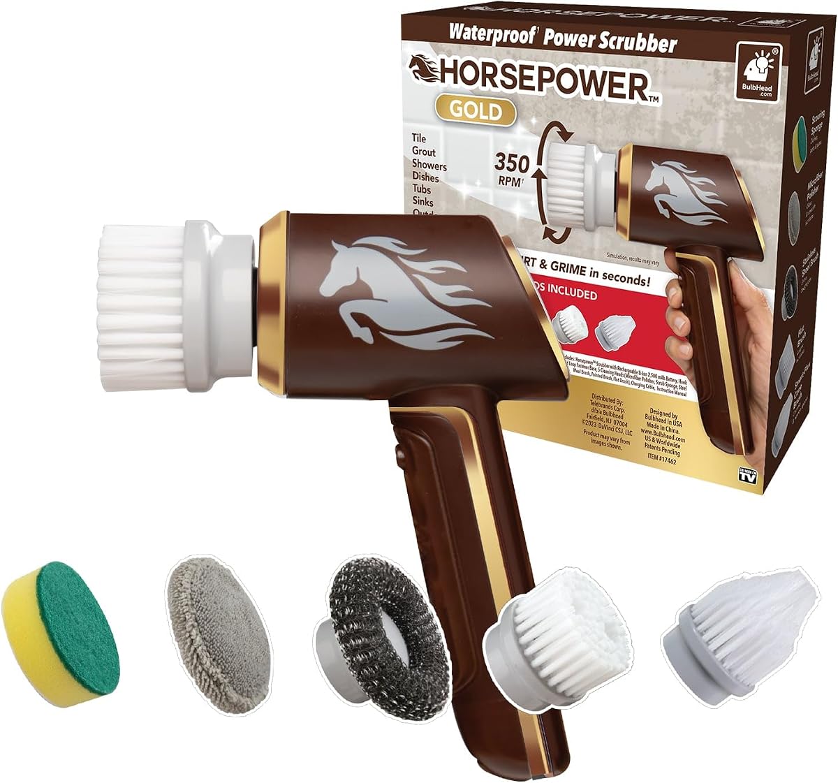 Horsepower Scrubber Gold Edition, Longer Battery, 350 RPM, 5 Brush Heads