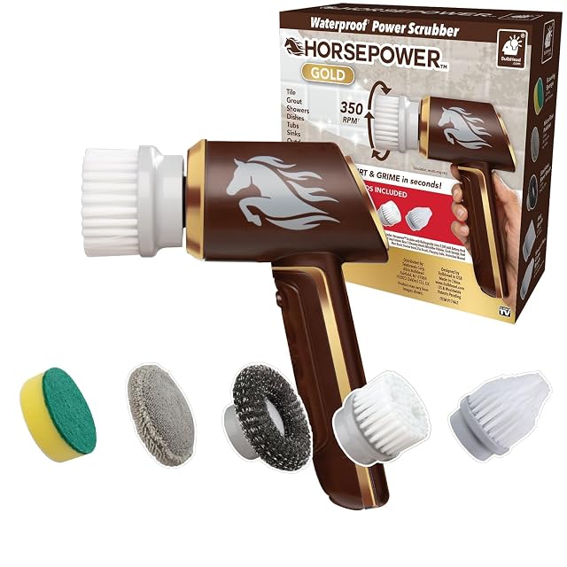 Horsepower Scrubber Gold Edition Longer Battery Life Electric Power Rechargeable Spins 350 RPM Waterproof 5 Brush Heads AS