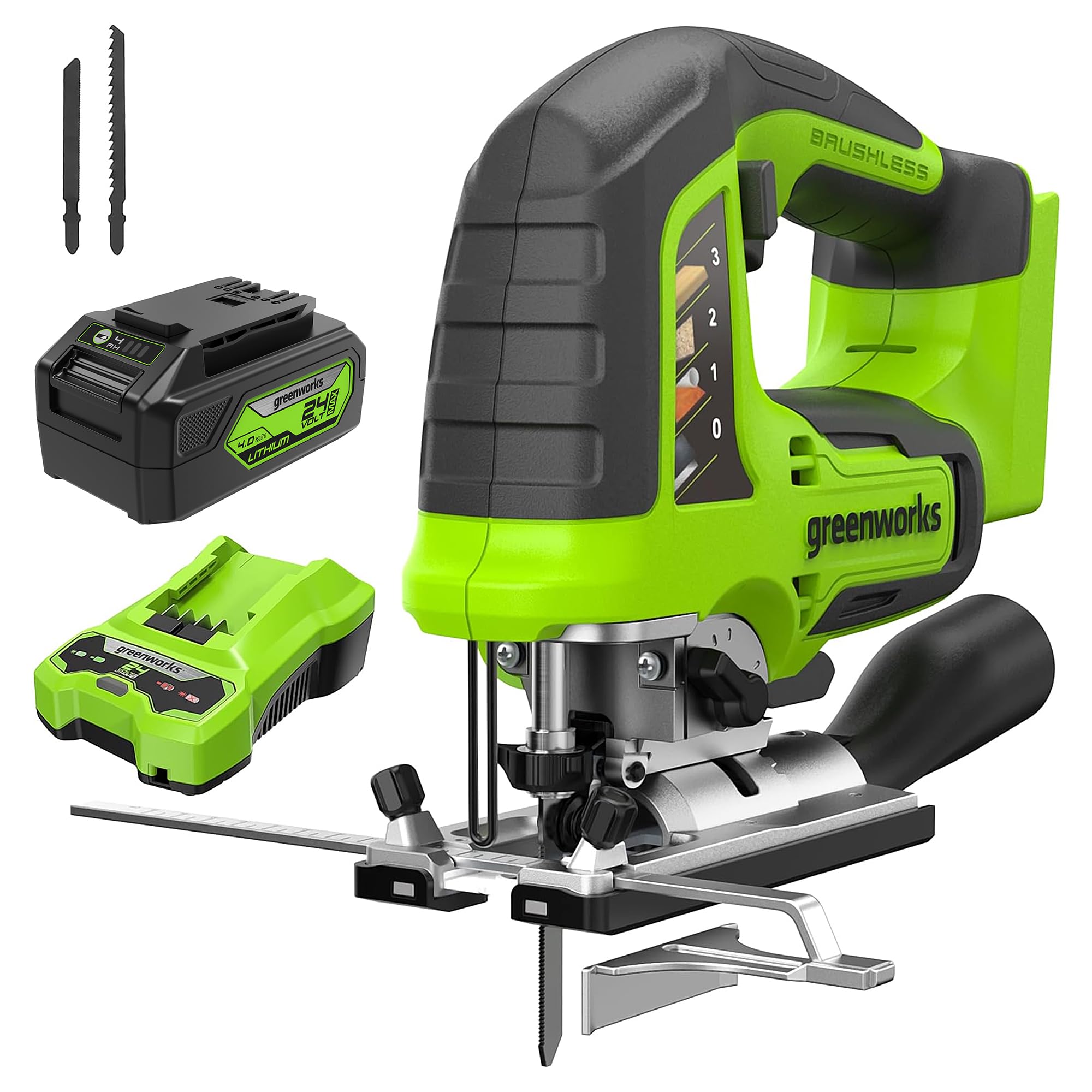 Greenworks Sierra caladora de 24 V, sierra de calar sin escobillas de 1 pulgada, 3000 SPM, ángulo de corte de 45°, movimiento orbital de 4 ajustes, cargador de 24 V y batería USB de 4 Ah