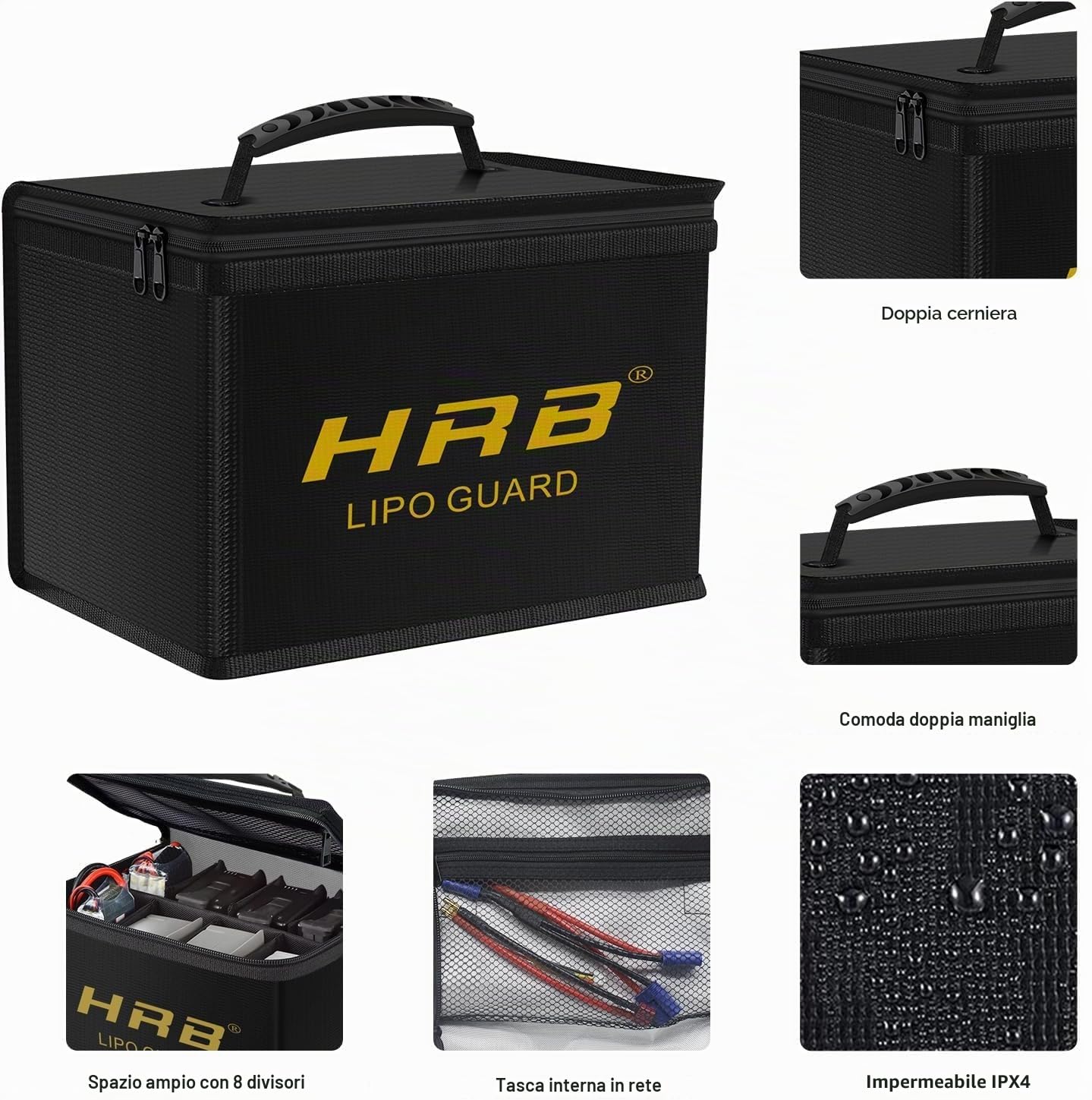 HRB Lipo Bag ignifugo, custodia per batteria Lipo sicura, materiale di qualità migliorato, scatola di sicurezza con grande capacità per la ricarica e la conservazione di batterie per radiocomandate
