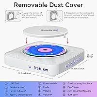 Vista 7 de Reproductor de CD portátil Bluetooth recargable: Reproductores de CD para el hogar con 1800mAh Kegaudio Reproductor de CD de escritorio de pared
