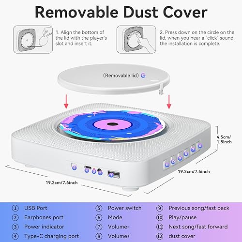 Miniatura 7 de Reproductor de CD portátil Bluetooth recargable Reproductores de CD para el hogar con 1800mAh Kegaudio Desktop Wall CD Player con altavoces, radio