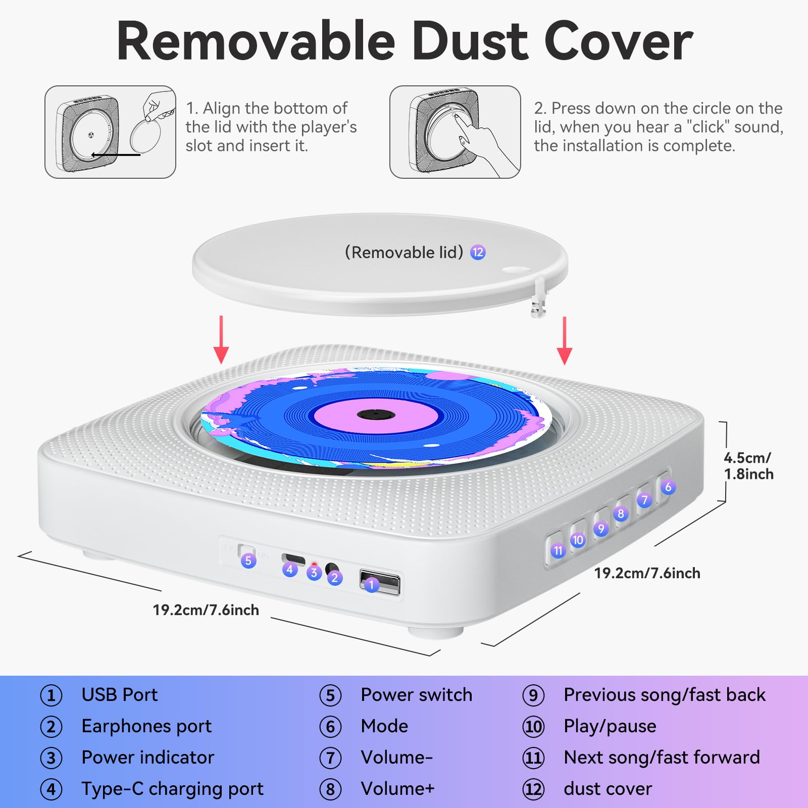 Lecteur CD Portable Bluetooth: Kegaudio Lecteurs CD Enfant avec Haut-Parleur Radio Lecteur de CD Mural avec Télécommande Prise USB AUX 3,5 mm Blanc