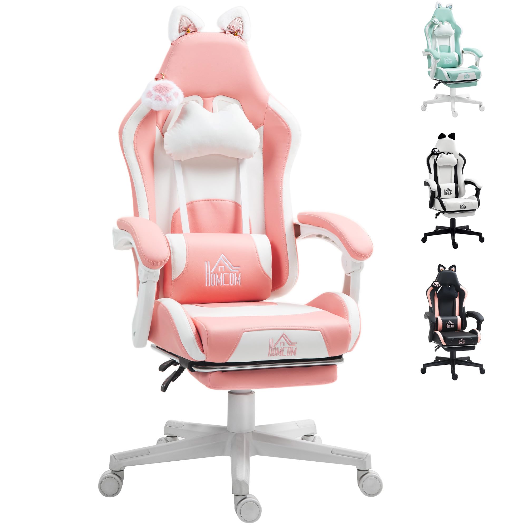 HOMCOM Silla Gaming con Orejas Silla Gamer Reclinable 135° con Altura Ajustable Reposapiés Retráctil Soporte Lumbar Giratorio 360° y Reposacabezas Desmontable Silla para Oficina Estudio Rosa