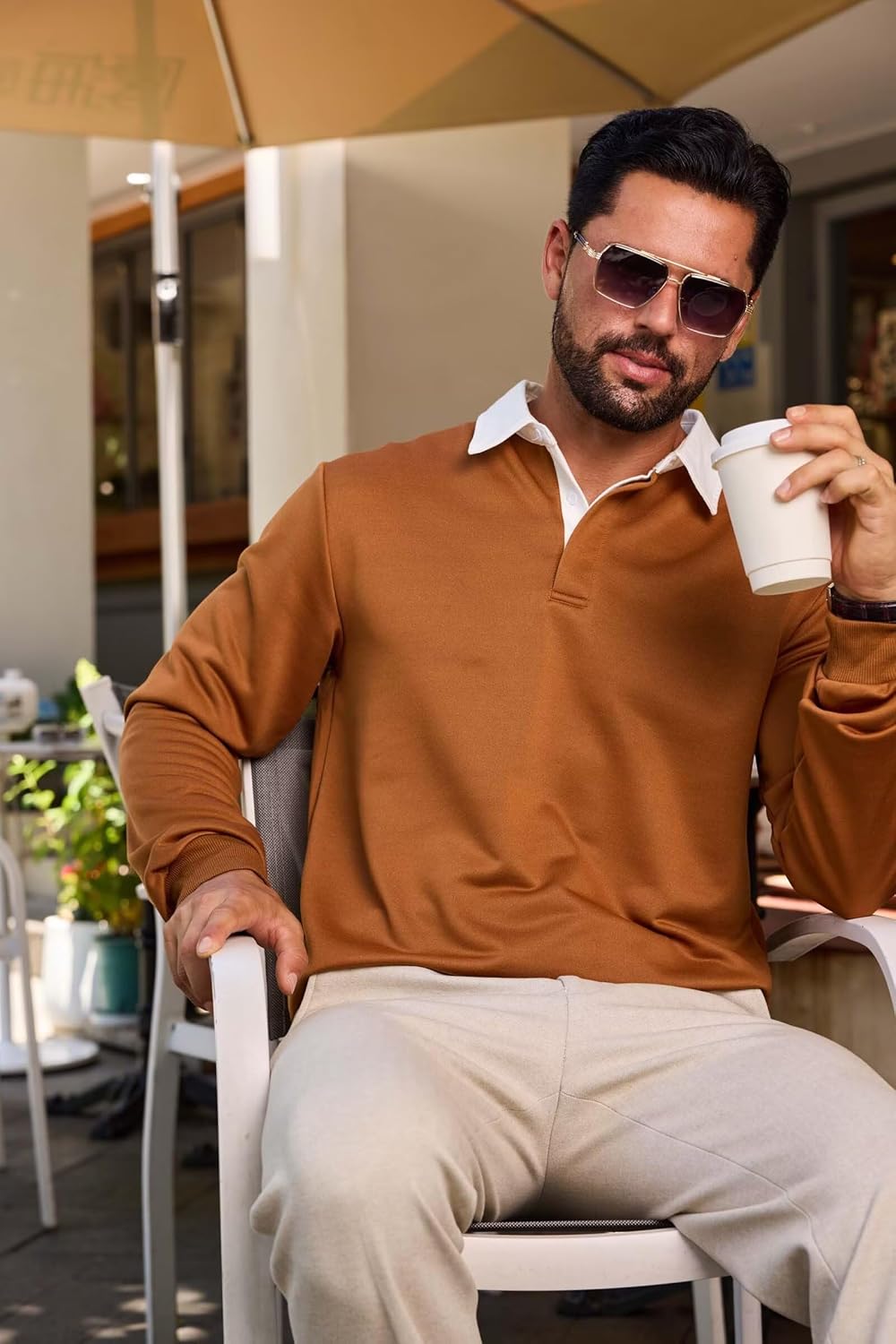 Mens Long Sleeve Polo Shirt Button Down Classic Pullover Sweatshirts for Men Polos with Contrast Collar - Image 5