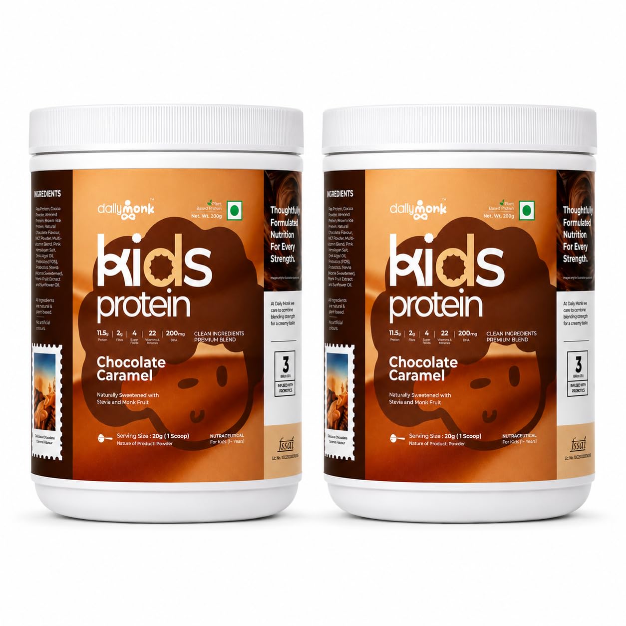 DailyMonk Kids Nutritional Powder Chocolate Caramel (7+ Years) | 11.5g Protein | 22 Vitamins & Minerals | 200mg DHA | Probiotics | Plant-Based | Prebiotic Fiber | Sweetened with Stevia & Monk Fruit | Gut-Friendly | 400g