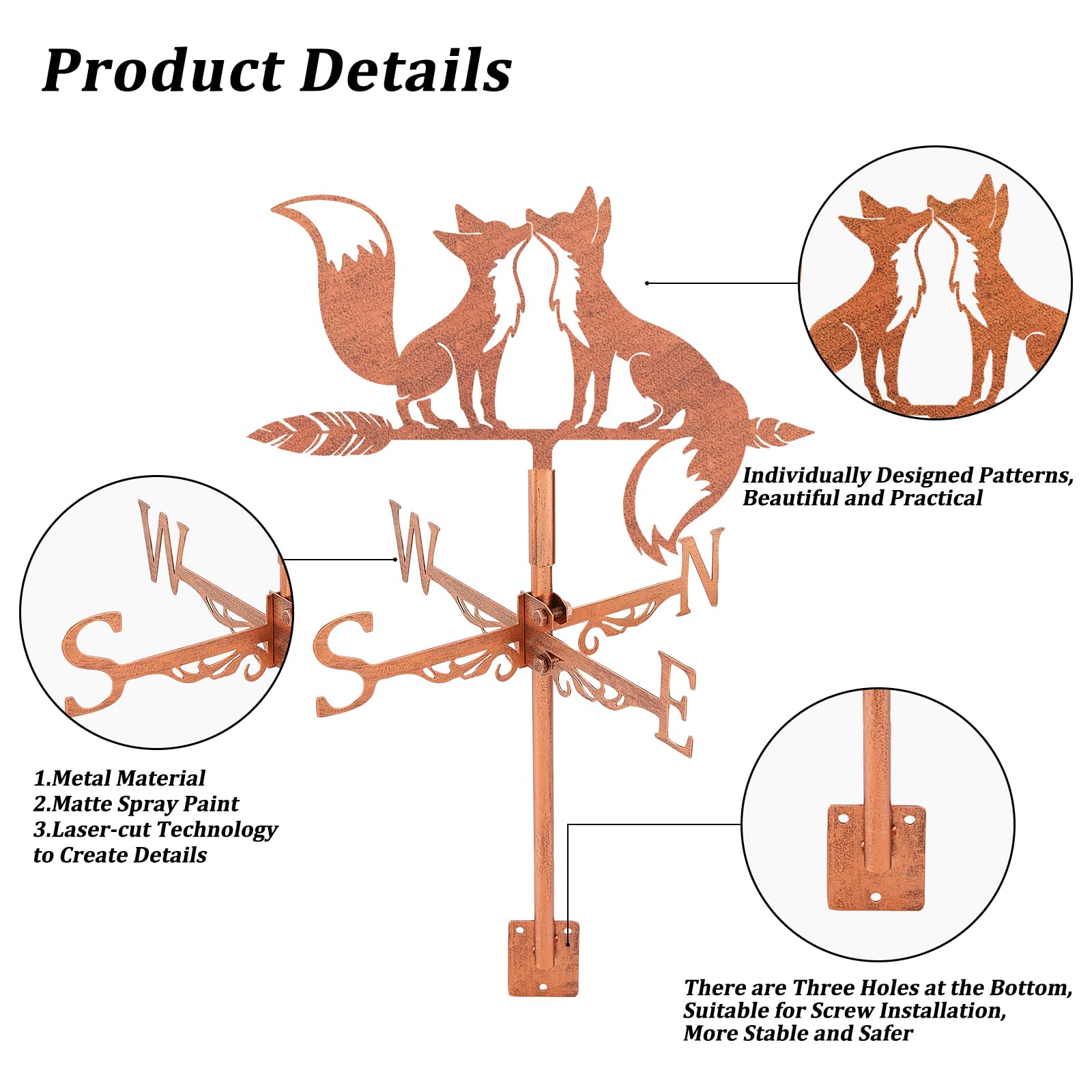 SUPERDANT Fox Weathervane for Roof Copper Red Wind Vanes for Sheds Animal Metal Weather Vane Black Wind Direction Indicator for Farmhouse Yard Farm Shed Garden Decoration - Image 3