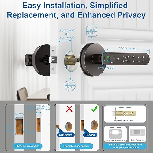Miniatura 6 de Cerradura de puerta de huellas dactilares, perilla inteligente de puerta con entrada sin llave, cerradura de puerta biométrica con control de Gris