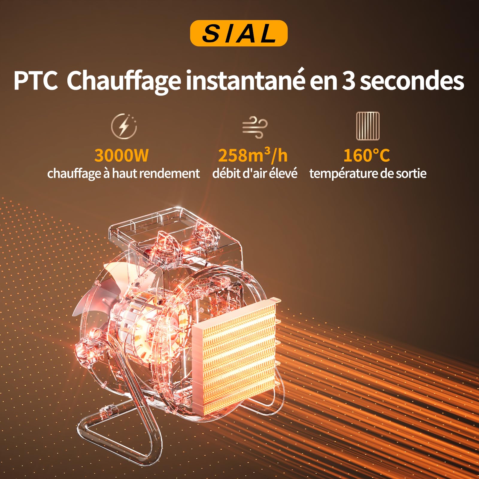 SIAL Chauffage Soufflant 3000 W - Radiateur électrique - Céramique - Chauffage Industriel - Chaleur Rapide 3 Secondes - Thermostat & Protection Surchauffe (Noir)