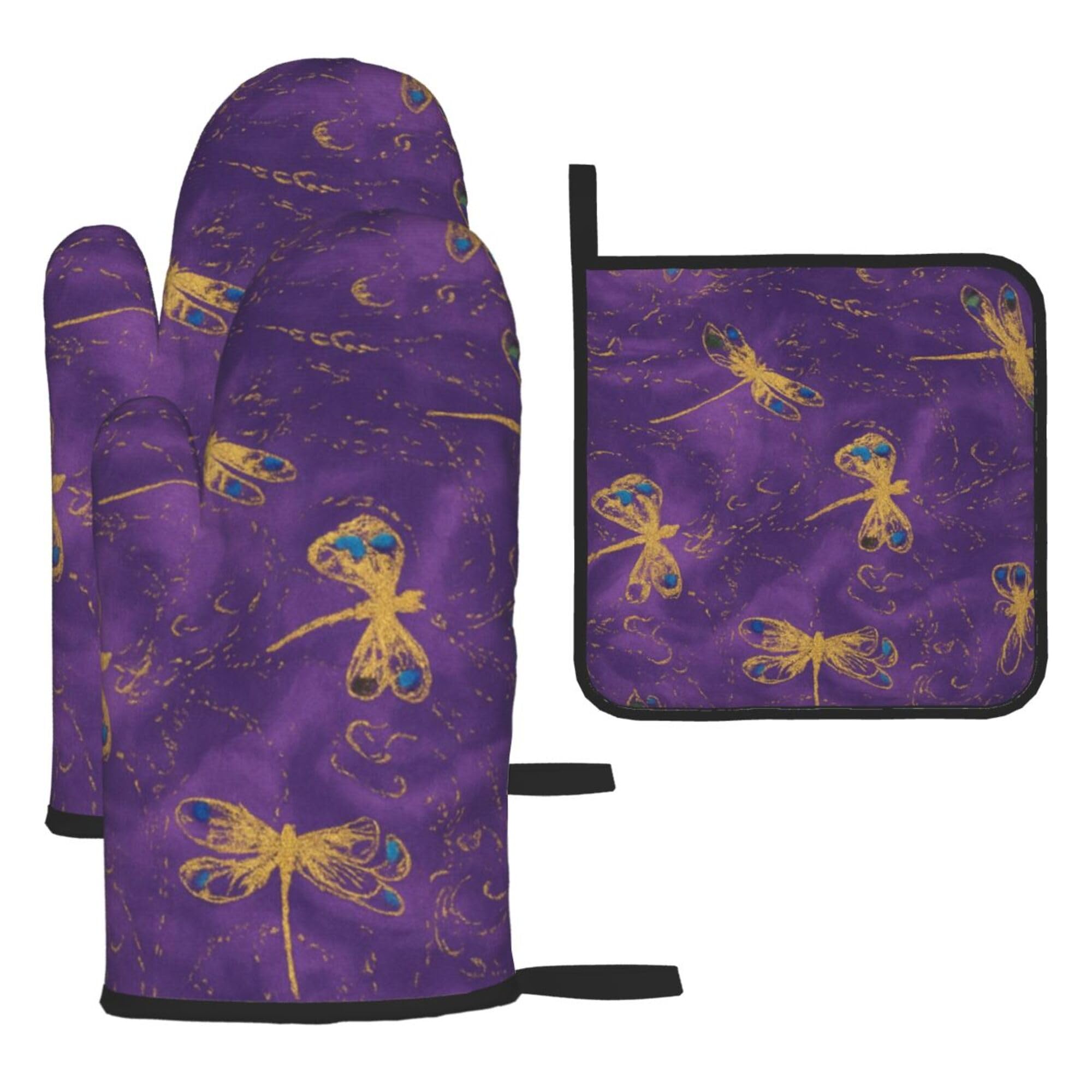 Golden Dragonfly Oven Mitts and Pot Holders 3pcs Set Heat Resistant Kitchen Gloves