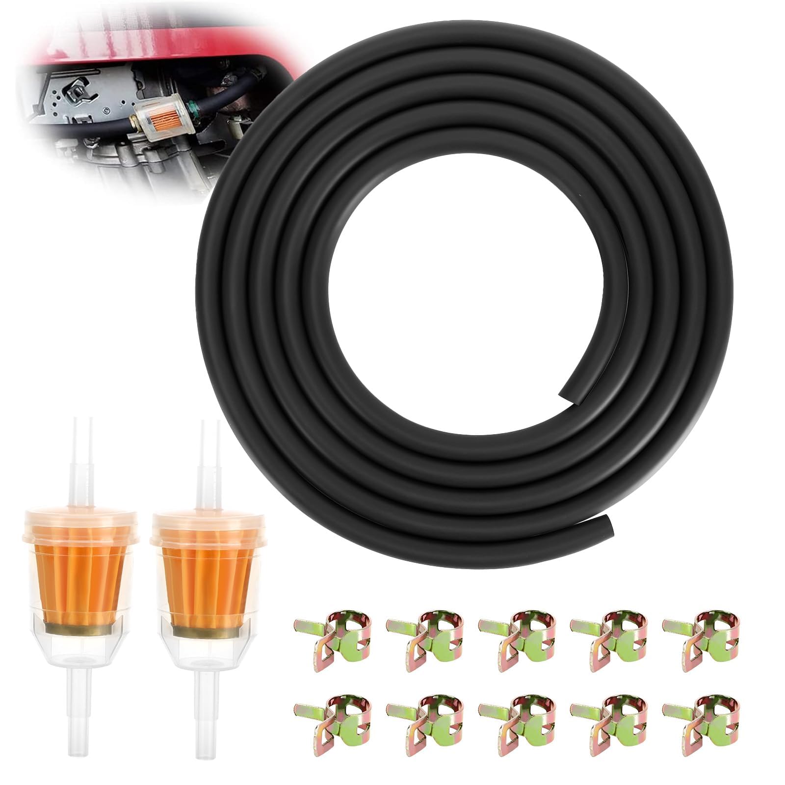Lociban 2 Meter Benzinschlauch Kit, Kraftstoffleitung Set Ø 4 mm mit 2 Stück Benzinfilter und 10 Benzinschlauch Schellen, Kraftstoffschlauch Ölschlauch für Auto, Motorrad, Roller