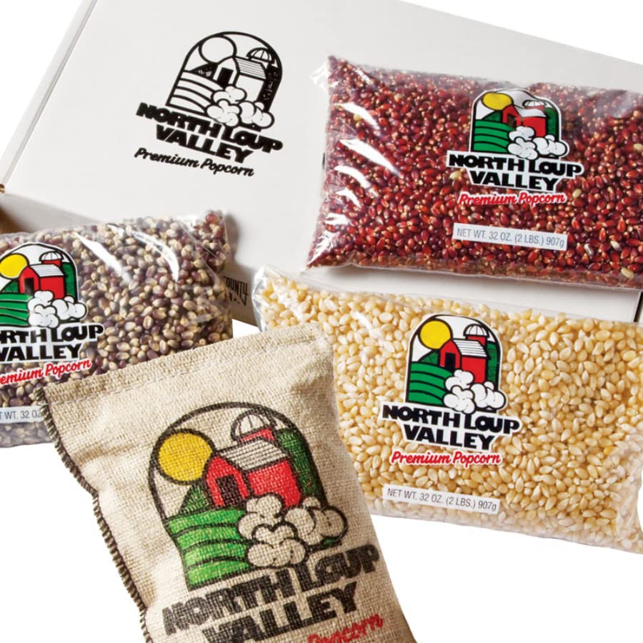 Popcorn County USA | Un-popped Popcorn Lovers Gift Box Set | Non GMO | Made in Nebraska | Contains 2 lb Each White Popcorn, Blue Popcorn, Red Popcorn, & Yellow Popcorn | 8 lb Total