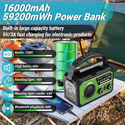 Miniatura 4 de Radio de emergencia con manivela solar de 16000 mAh59200 mWh, radio meteorológica inalámbrica NOAA AMFM con carga USB-CTipo-C, 3 modos de luz,