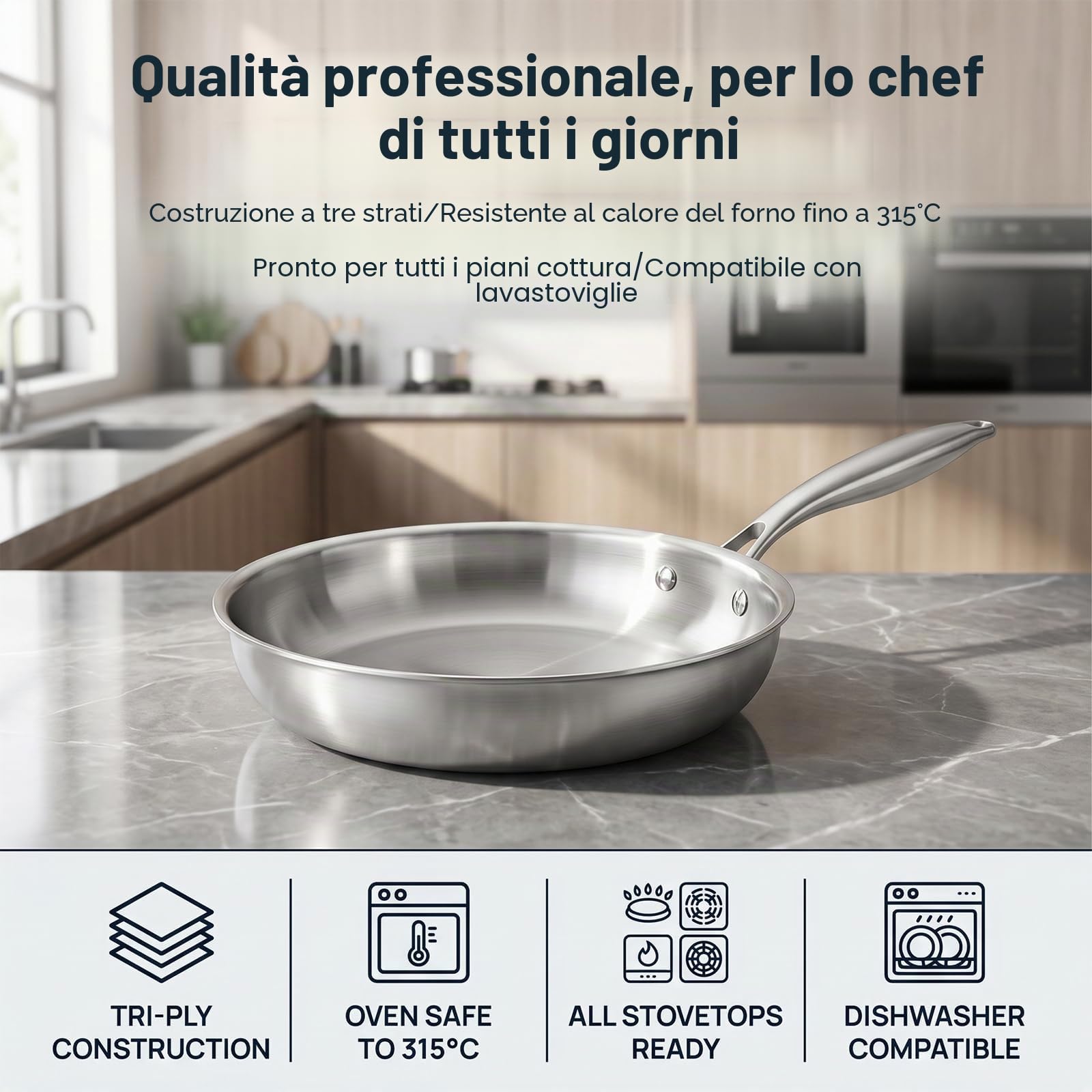 Padella in acciaio inox, 30 cm, a triplo strato, in acciaio inox, a induzione, universale, adatta per tutti i tipi di piatti, forno e lavastoviglie