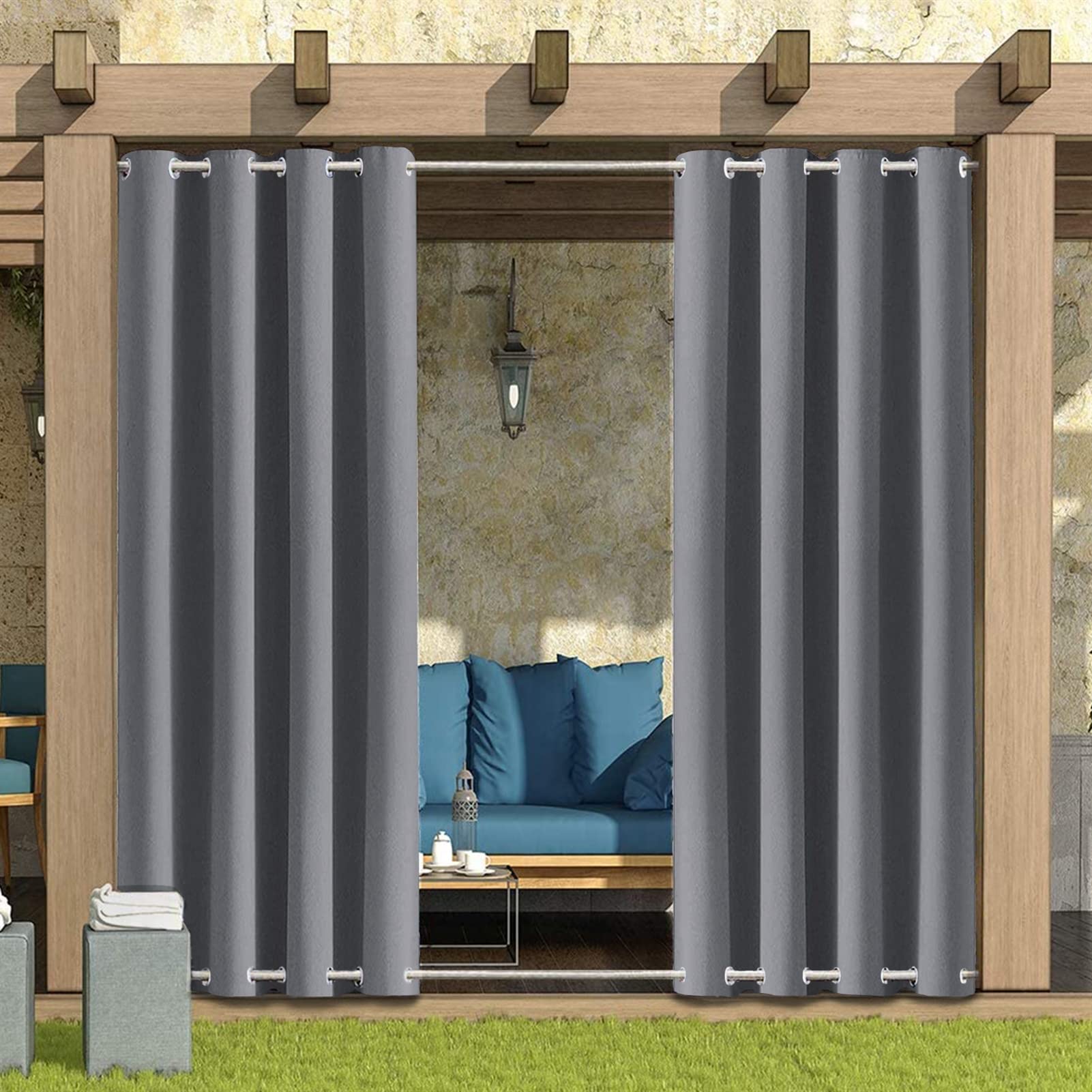 SK Studio Outdoor Vorhang Wasserdicht Outdoorvorhänge mit Ösen Oben und Unten Sonnenschutz Blickdicht Vorhang für Balkon Terrasse Veranda Pergola Gartenlaube 1 Stück Dunkelgrau, 254x213cm