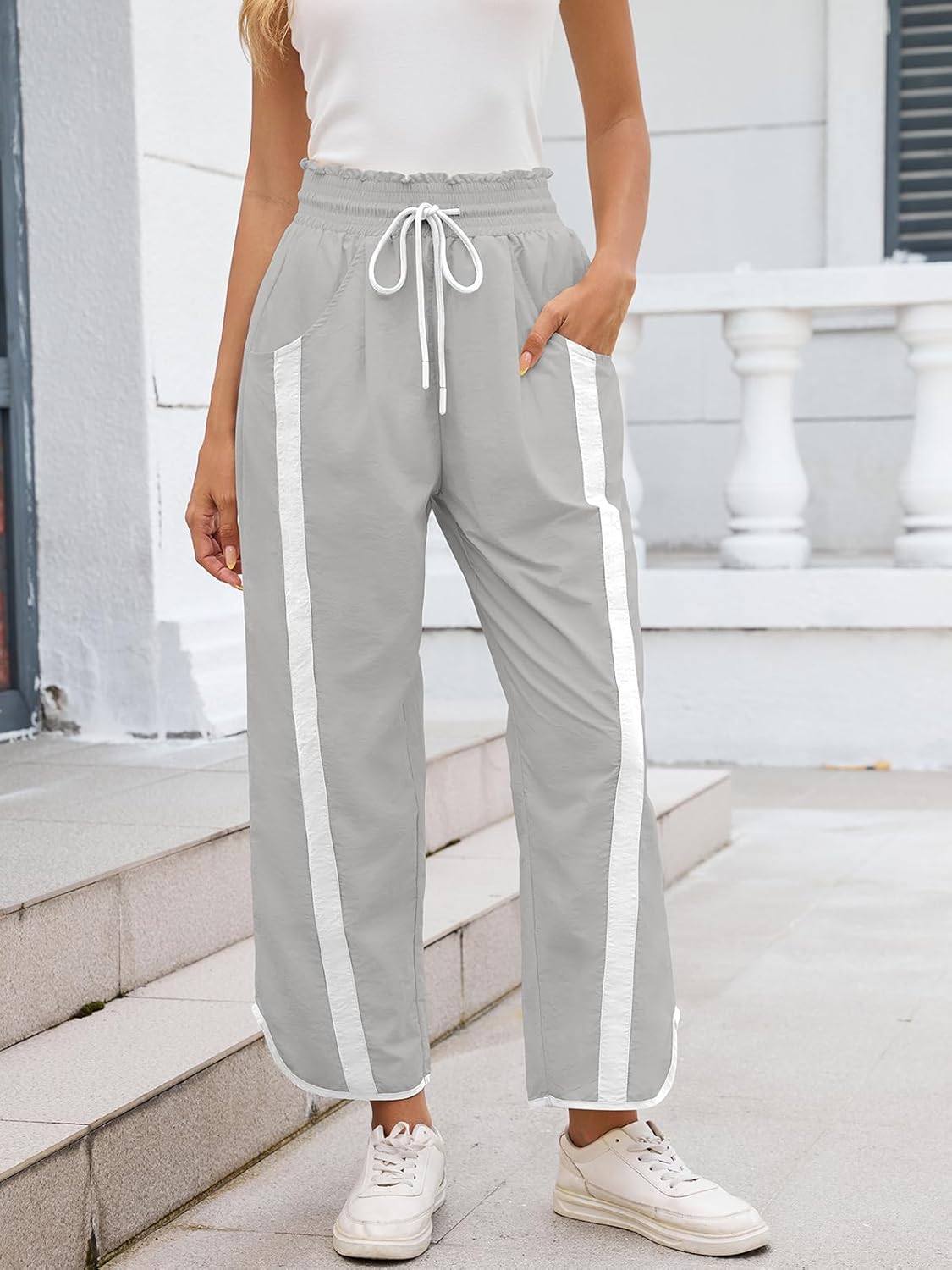 aswulk Womens Wide Leg Pants Baggy Drawstring Elastic Waist Stripe Casual Track Pants - Image 3
