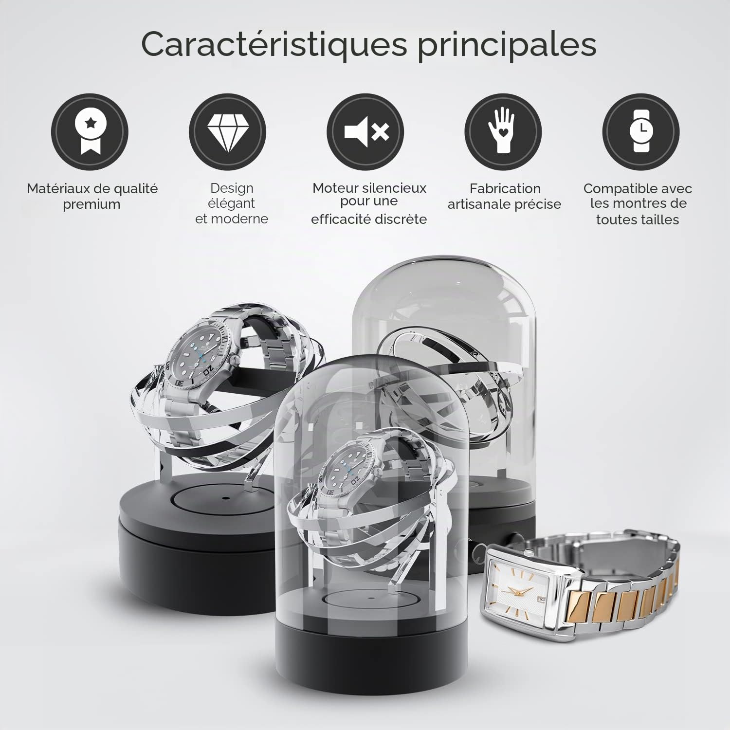 Elestoria Remontoir de montre Orbit - Remontoir de montre automatique avec couvercle en verre | Moteur silencieux, rotation gyroscope, boîte de remontoir mécanique de luxe, Argenté, Rétro