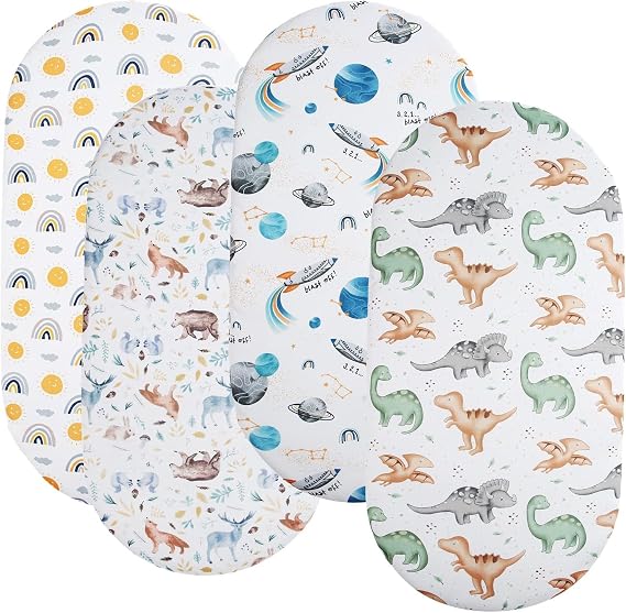 Bassinet Sheets 4 Pack Compatible with SNOO Smart Sleeper, Dream On Me Lacy Portable and Safety 1st Sleeper Bassinet,Stretchy Ultra Soft Sun/Forest Deer/Space/Dinosaur