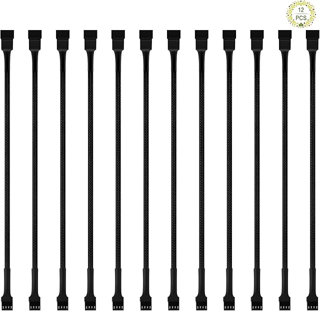 Haisheng Fan Extension Cable, 12Pcs PWM Fan Extension Cable 4 Pin Fan Extension Power Cable Connector Case Fan Power Extension Cable Converter for Host Case(Black)