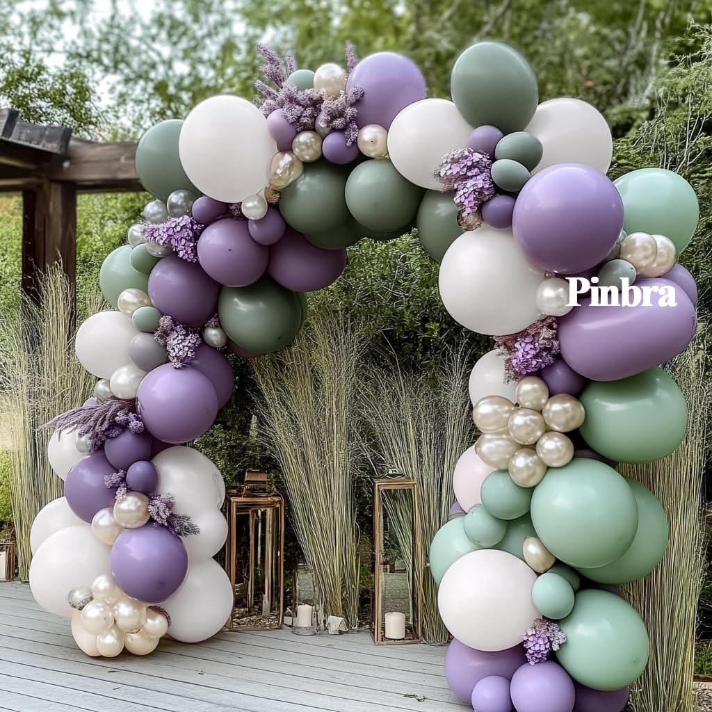 Sage Green Purple Balloon Garland Double Stuffed Dusty Green White Pearl Balloons Olive Lavender Pastel Latex Arch Kit for Neutral Baby Shower Bridal Shower Birthday Baptism Party Decorations