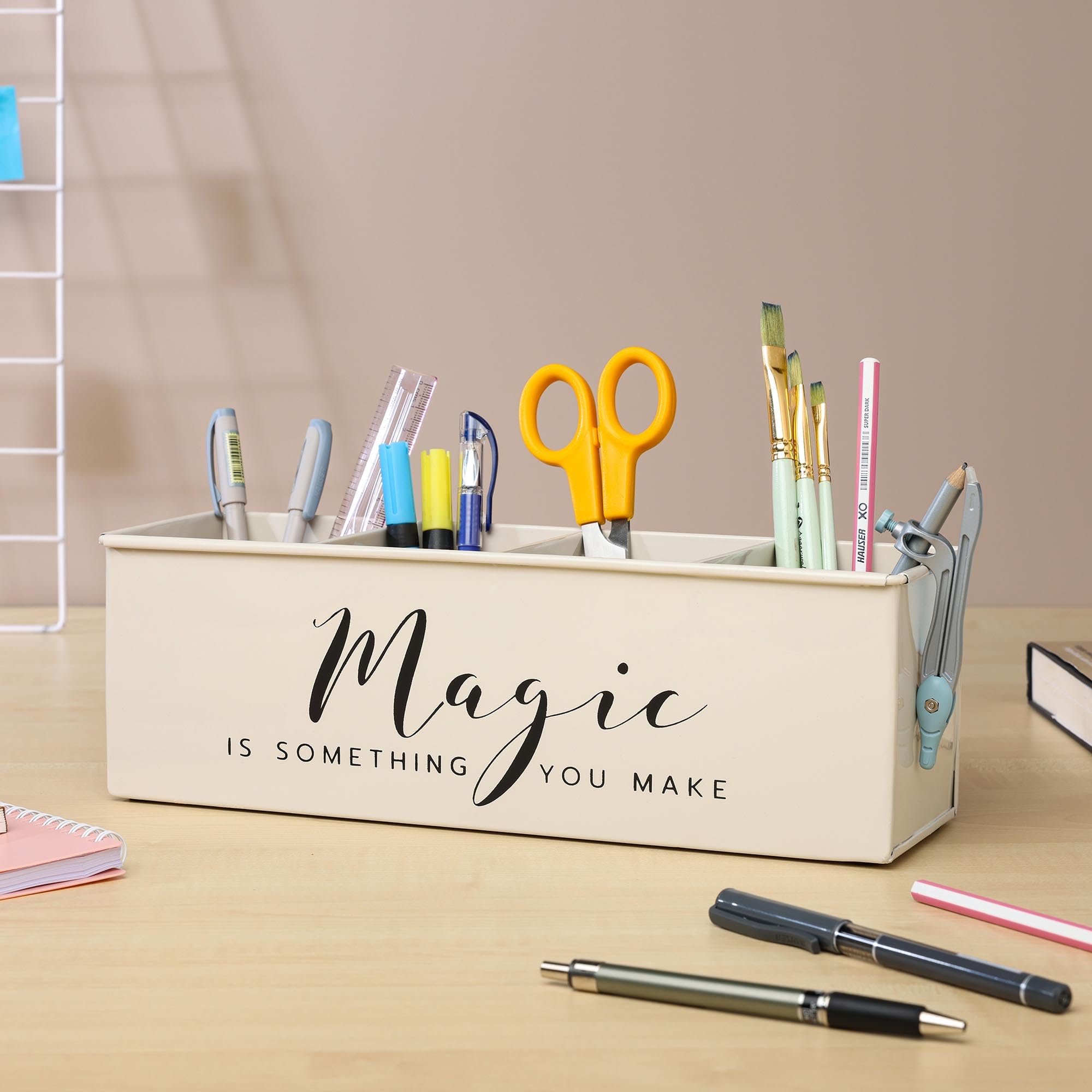 dudki Schreibtisch-Organizer mit 4 Fächern für Bürotisch | stilvoller Metall-Schreibtisch-Organizer | Schreibwarenaufbewahrung | Stifthalter für Büro, Zuhause und Arbeitszimmer (magisch) Beige