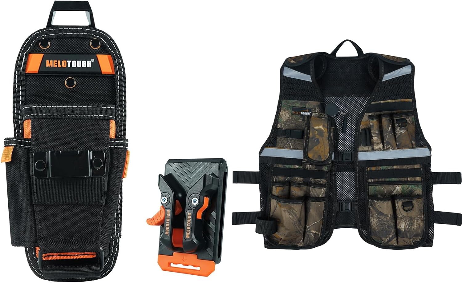 MELOTOUGH Small Tool Pouch with Quick Release Belt Clip,Clip On Tool Belt Pouch with Electrician Tapemeasure Clip,Tool Vest for Men Reflective Safety Tool Vest with Removable Phone Holder