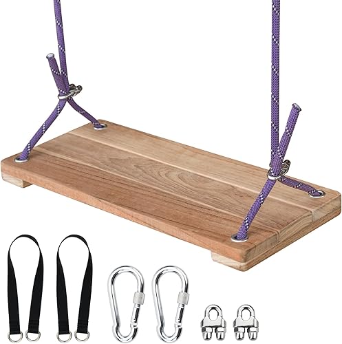Columpio de madera de teca de 16.6 x 7.5 pulgadas, asiento de columpio de madera para exteriores para adultos y niños, columpios de madera para