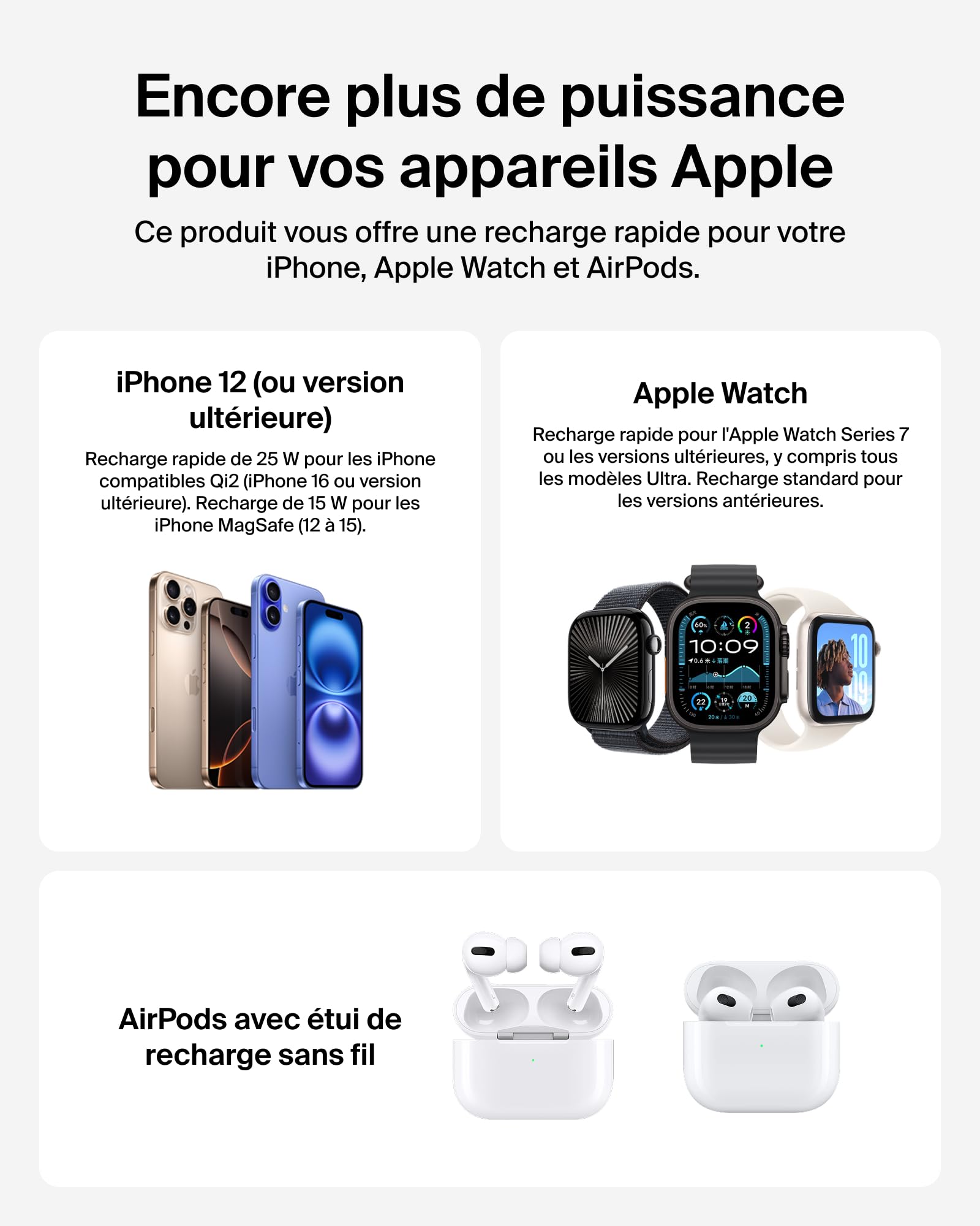 Belkin UltraCharge Pro 3 en 1 Chargeur Induction Qi2 25W, Station de Charge pour iPhone 17, Apple Watch, AirPods, Compatible MagSafe, Beige
