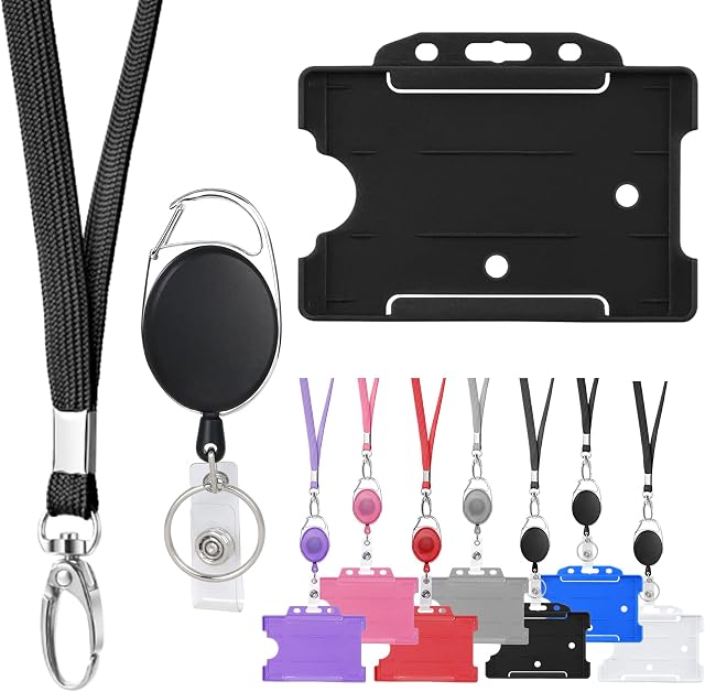 Vicloon ID Card Badge Holder, 1PC Retractable Lanyard and Badge Holder Set Includes ID Card Holder, Lanyard Neck Strap and Retractable Reel (Black)