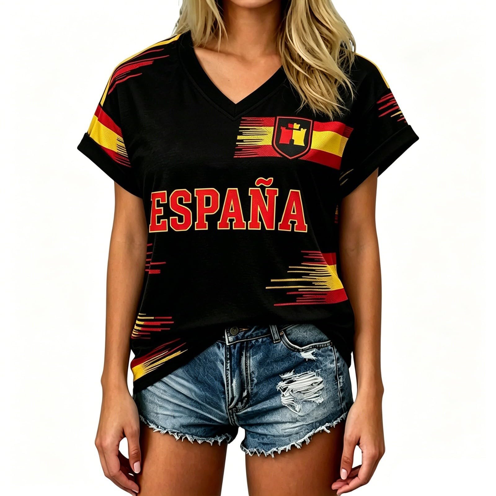 Spain Football T-Shirt for Women Short Sleeve V-Neck Shirts Spain Flag Comfortable Casual Tee Retro Soccer Jersey Adult and Kids Summer Tops (1-Black, 4-5 Years)
