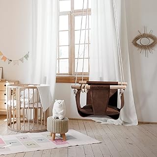 Leather Baby Hanging Swing - Wooden Hanging Swing Seat Chair, Faux Leather Toddler Hammock Chair, Indoor Outdoor Modern Swing for Kids Infants Toddlers, 6 to 48 Months, Kids Room Decor