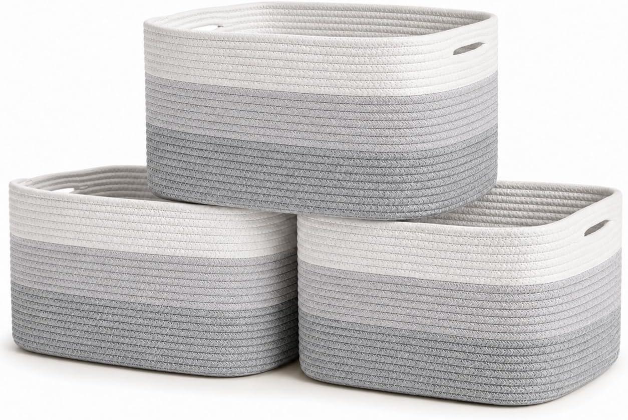 OrganiHaus 3-Pack Cotton Rope Cube Storage Baskets, Decorative Living Room, Bedroom, Closet, Home Organizing bin, Shelf and Table Top Decor, Woven Rustic Farmhouse Design Small Basket - 3 Tone Grey
