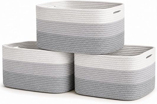 OrganiHaus 3-Pack Cotton Rope Cube Storage Baskets, Decorative Living Room, Bedroom, Closet, Home Organizing bin, Shelf and Table Top Decor, Woven Rustic Farmhouse Design Small Basket - 3 Tone Grey