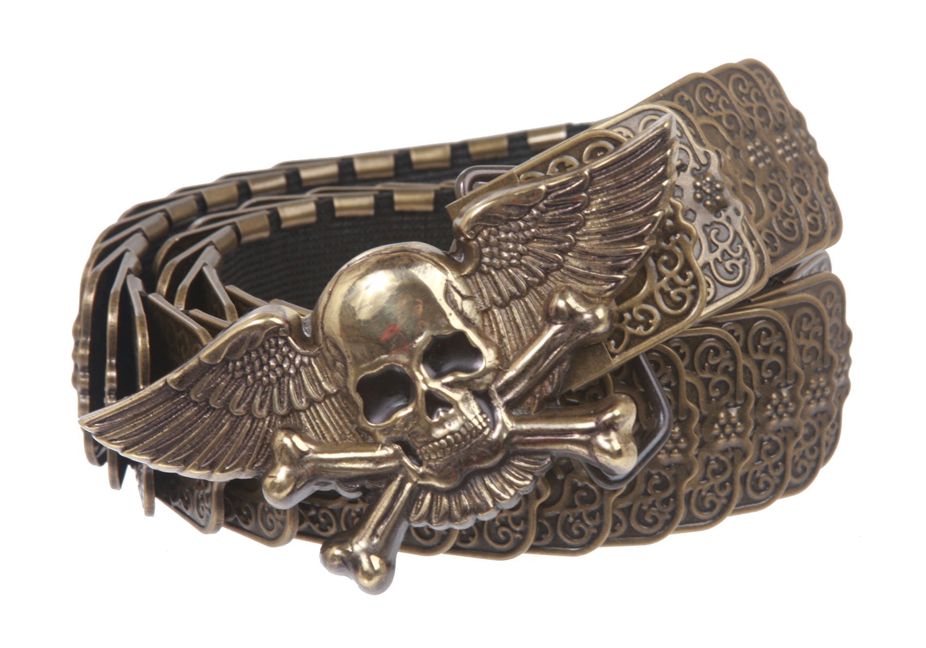 1 1/4" Winged Skull Pirate Elastic Sequent Metal Stretch Belt