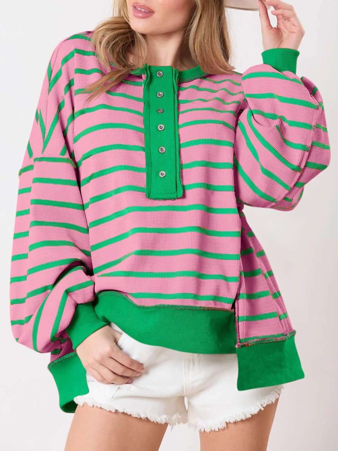 Tankaneo Womens Oversized Striped Sweatshirts Henley Shirts Color Block Casual Pullover Waffle Knit Tops - Image 3