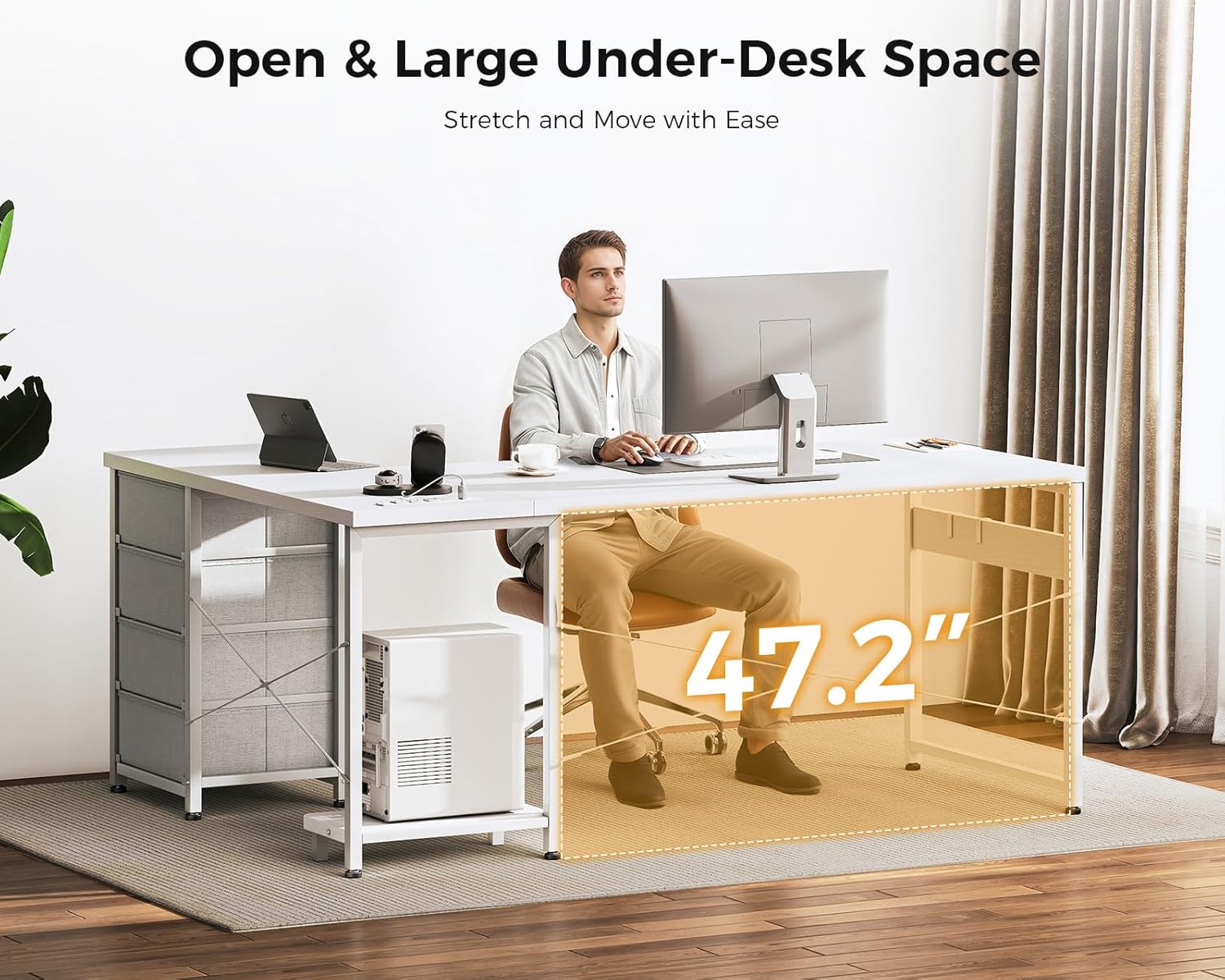 Close-up of the recessed power strip on the AODK L Shaped Desk with devices charging.