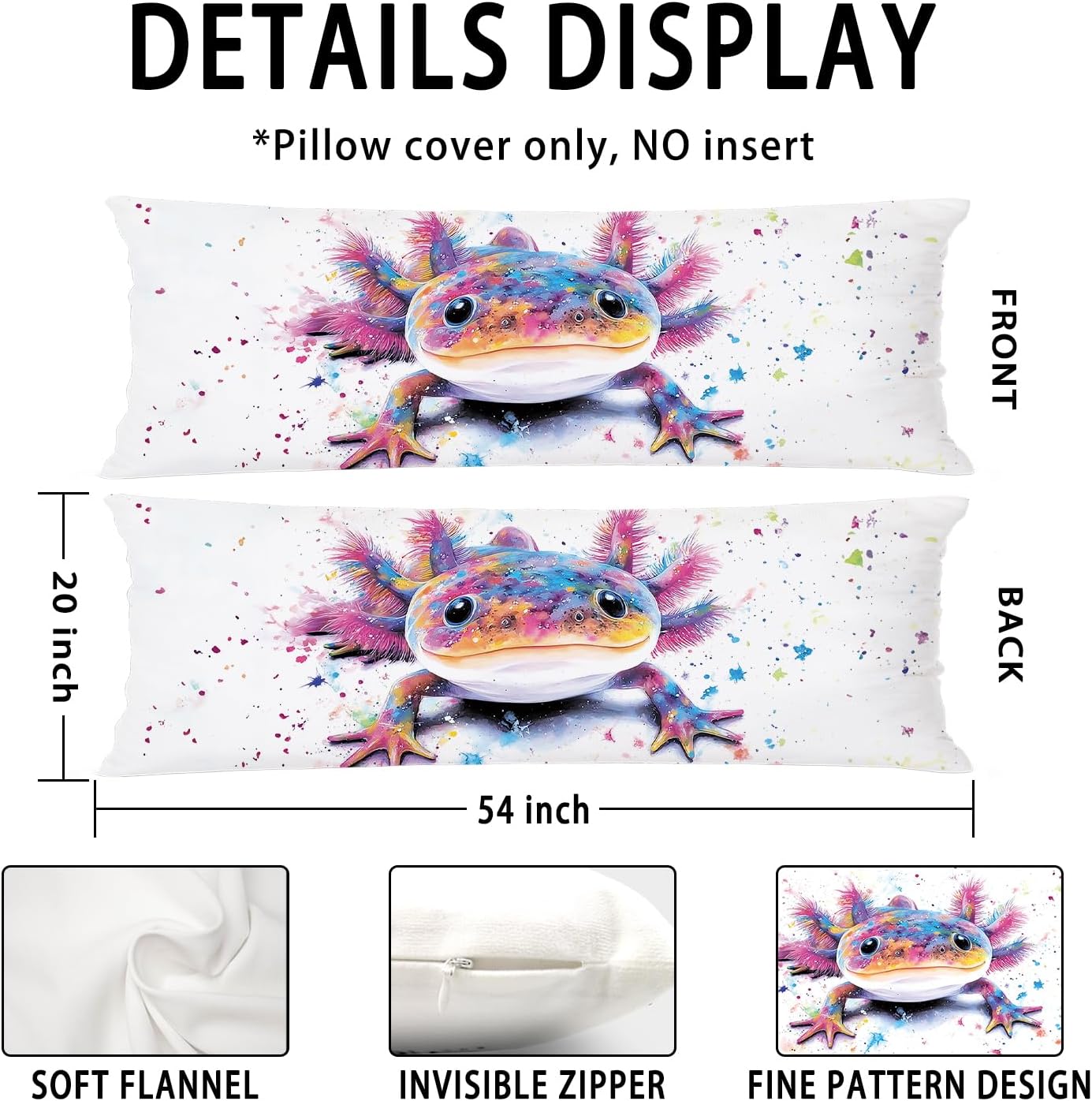 Axolotl 20x54 Body Pillow Cover Case, Axolotl Gifts for Girls Boys Kids, Kids Room Bedroom Decor, Animal Lover Gifts Decorative Long Hug Pillow Cases for Bed Couch, Double-Sided