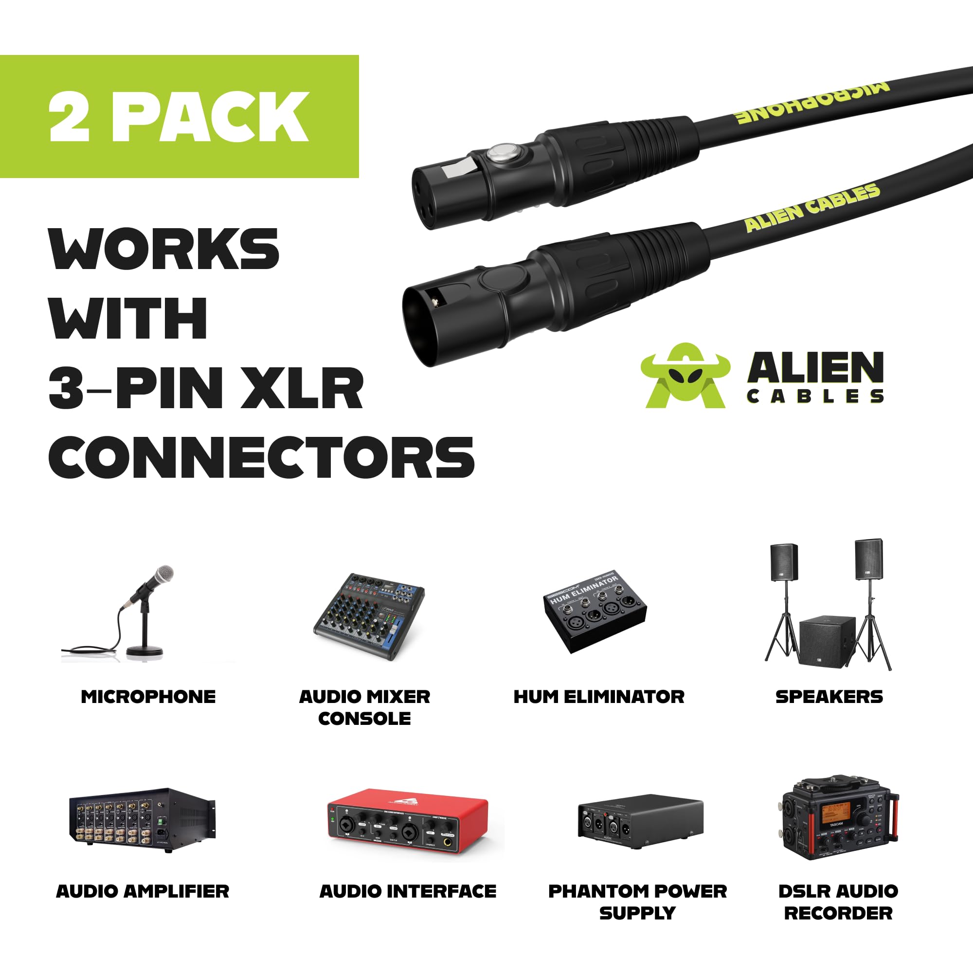 Alien Cables 2-Pack Premium XLR Microphone Cables, Star-Quad Shielded XLR to XLR Cable 6 Foot, Pro Audio Mic Cord, Noise-Resistant OFC Conductors, Black