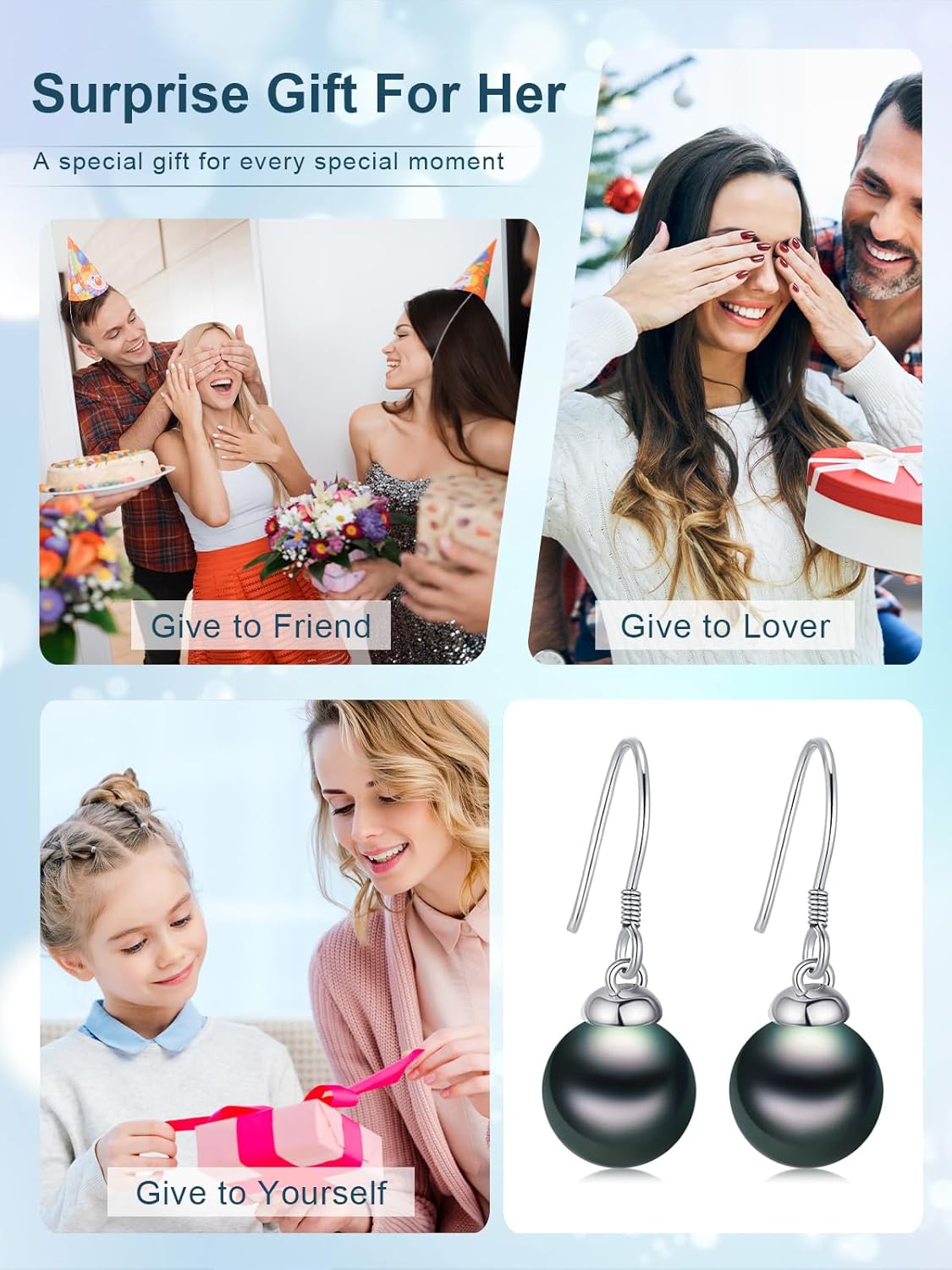 Tahitian Black Pearl Earrings Hoop Leverback Dangle 18K White Gold Plated 925 Sterling Silver Black Pearl Jewelry Gift for Women Her