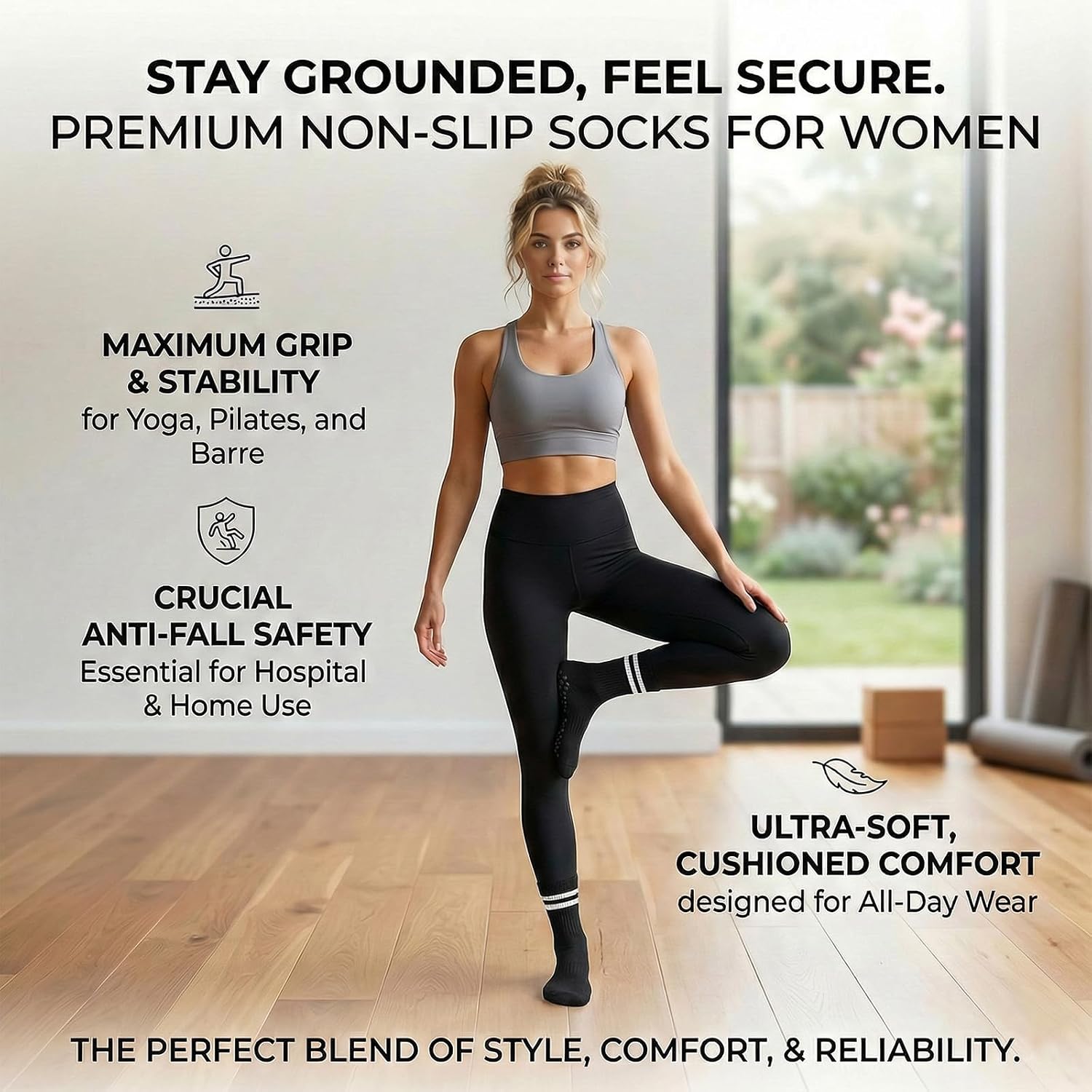 Non Slip Yoga Socks Retro Striped Grip Socks for Pilates Barre | Trendy double stripes meet high-performance grip. Premium combed cotton blend keeps feet dry during intense workouts.