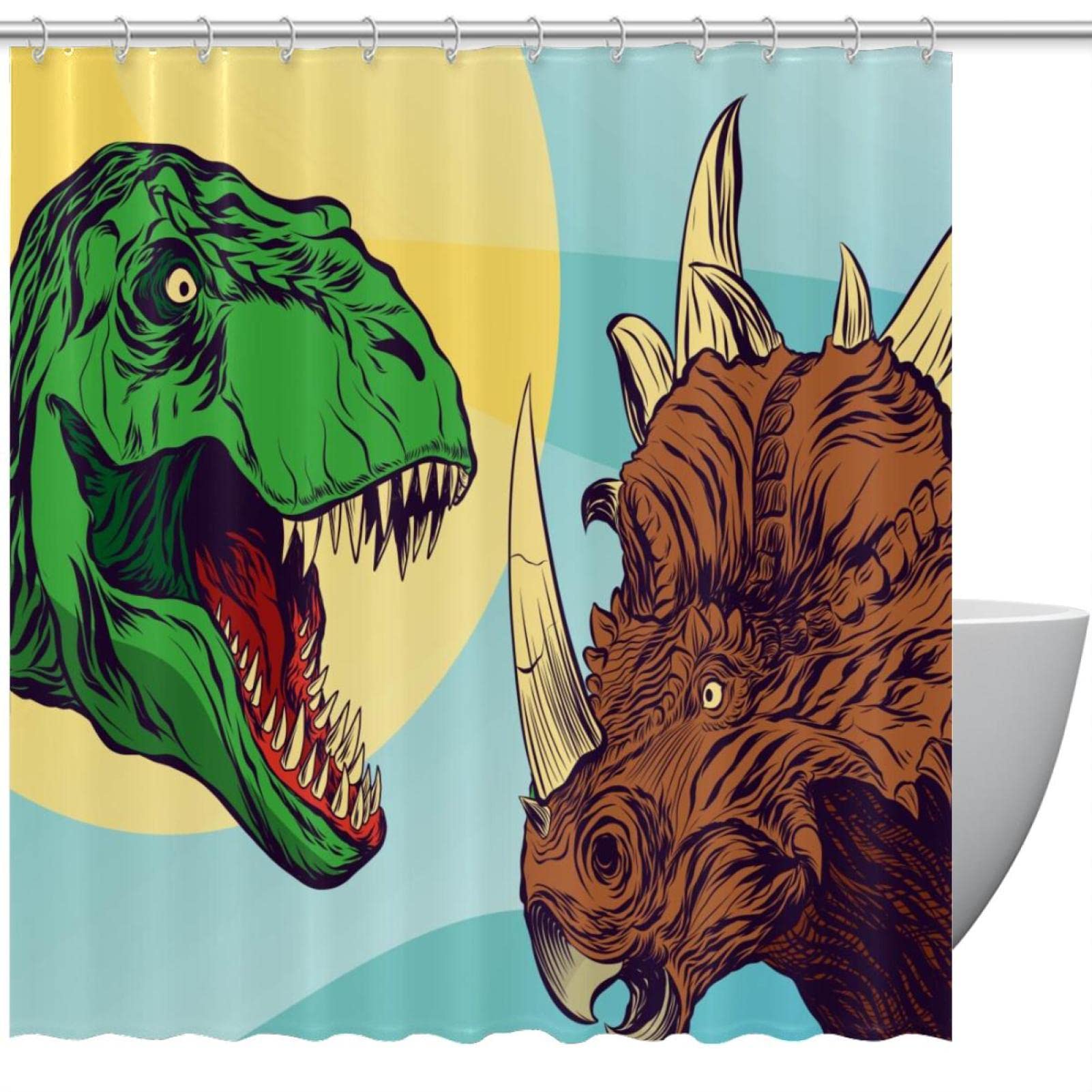 Rideaux de douche de dinosaures avec 12 crochets rideau salle de bain bleu vert 152x182 cm