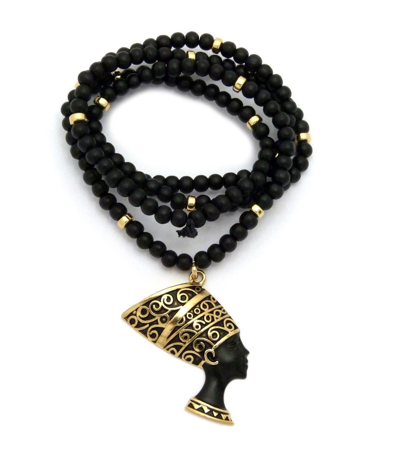 Shiny Jewelers USAANCIENT EGYPTIAN QUEEN NEFERTITI PENDANT 6mm 30" WOODEN BEAD CHAIN NECKLACE