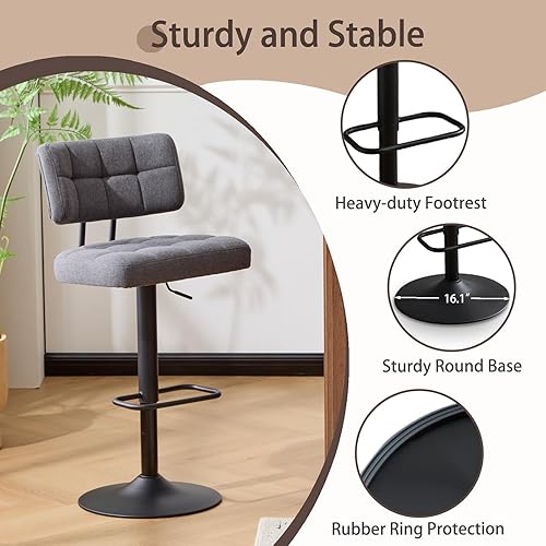 Miniatura 5 de Juego de 2 taburetes de bar giratorios de altura ajustable, taburetes de barra de tela de lino sin brazos con reposapiés para cocina, hogar, bar,