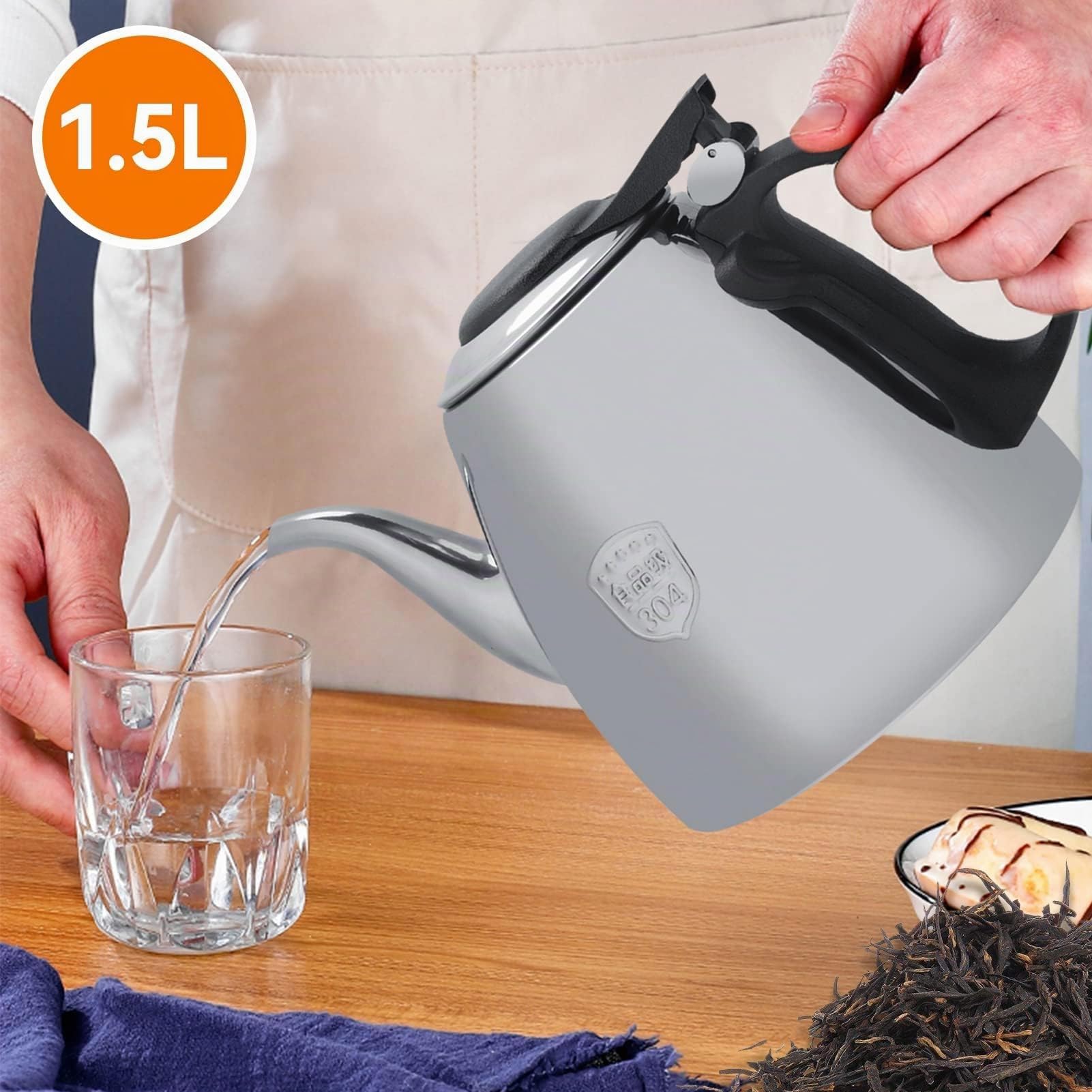 Teiera da tè, teiera in acciaio inossidabile con manico resistente al calore per finitura a specchio, 1,2 litri e 1,5 litri argento(1.5L)