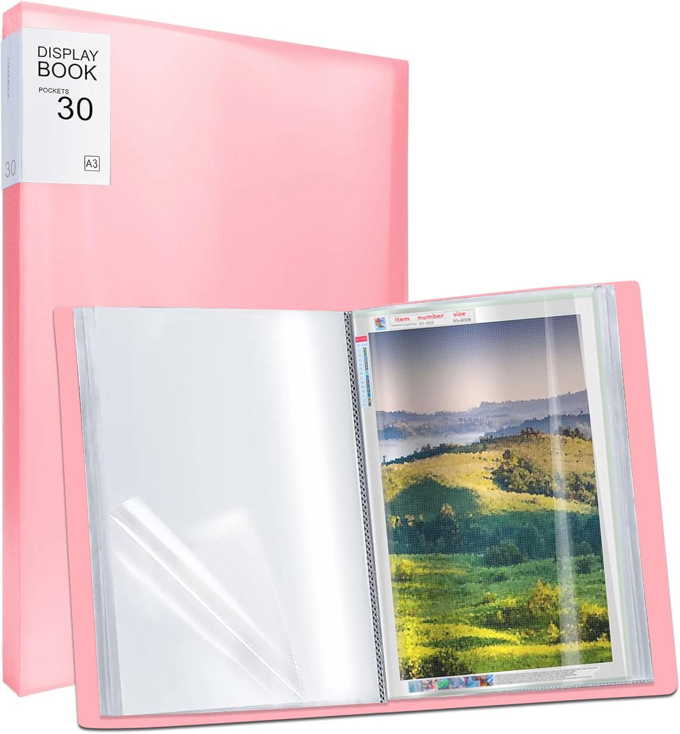 SKRYUIE A3 Diamond Painting Storage Book - 60 Diamond Painting Capacity, 30 Page Protectors, 17.2x12.8 inches, Portfolio Folder for Presentation and Organization - Pink