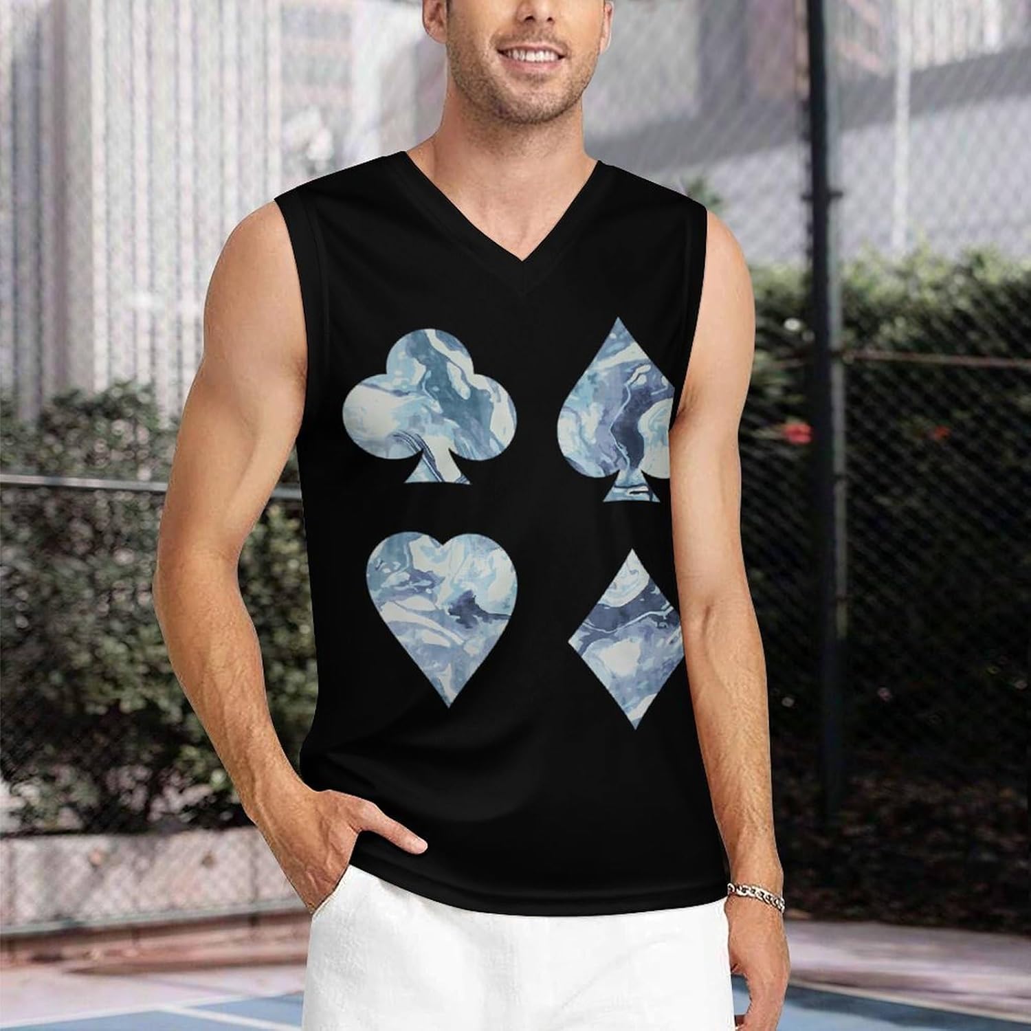 Poker Playing Card Marble Pattern Men's V-Neck Basketball Tank Top Sleeveless Workout Tank Shirts Gym Fitness Tees Vest