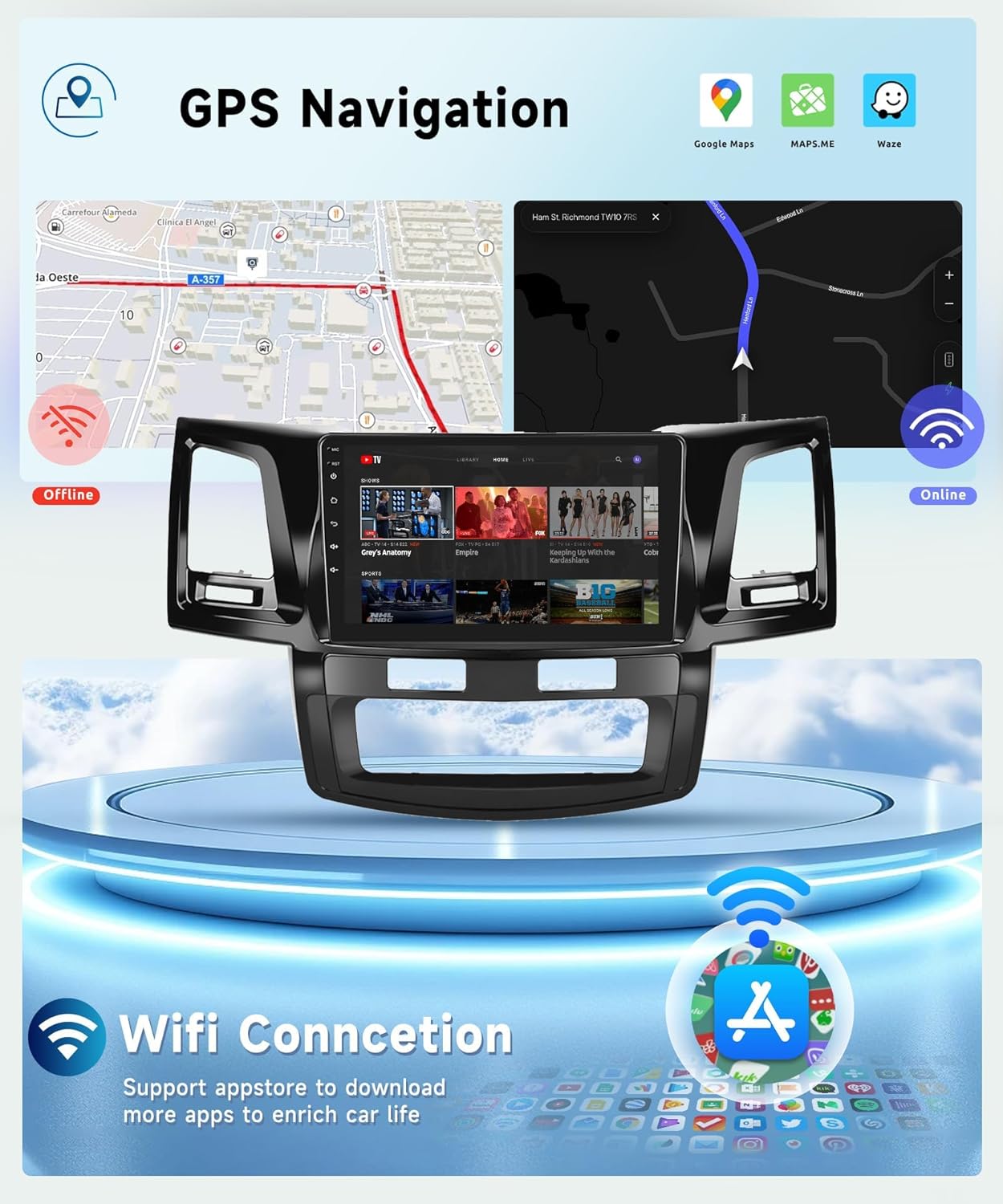 8 Core+6G+128G Car Radio Stereo for Toyota HILUX 2005-2014, Wireless Carplay Android Auto, 9 Inch IPS Touchscreen with WiFi, GPS, Bluetooth,FM/RDS, 32EQ DSP, HD Rear Camera