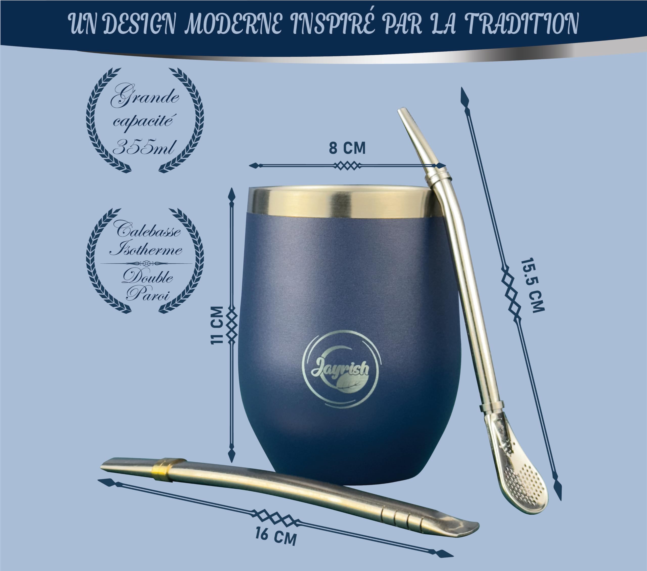 Kit Maté - Calebasse, 2 Bombillas, Tasse 355 ml en Acier Inoxydable 304, Brosse, Sac de Transport - Coffret Yerba Maté pour Expérience Sud-Américaine Authentique