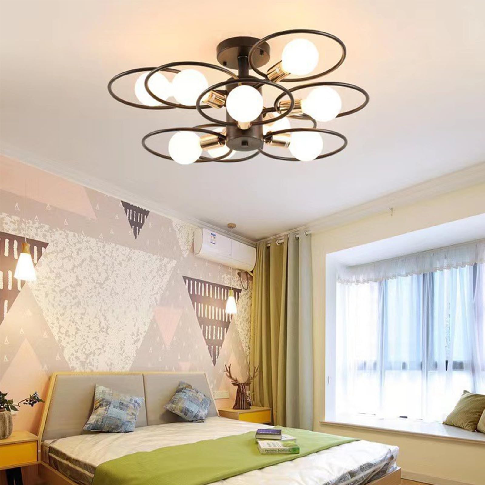 Sputnik Nowoczesna lampa sufitowa w stylu vintage metalowa oprawa sufitowa E27 Czarna podstawa przemysłowe oświetlenie sufitowe do sypialni salonu jadalni (żarówka nie jest dołączona) (czarna, 3