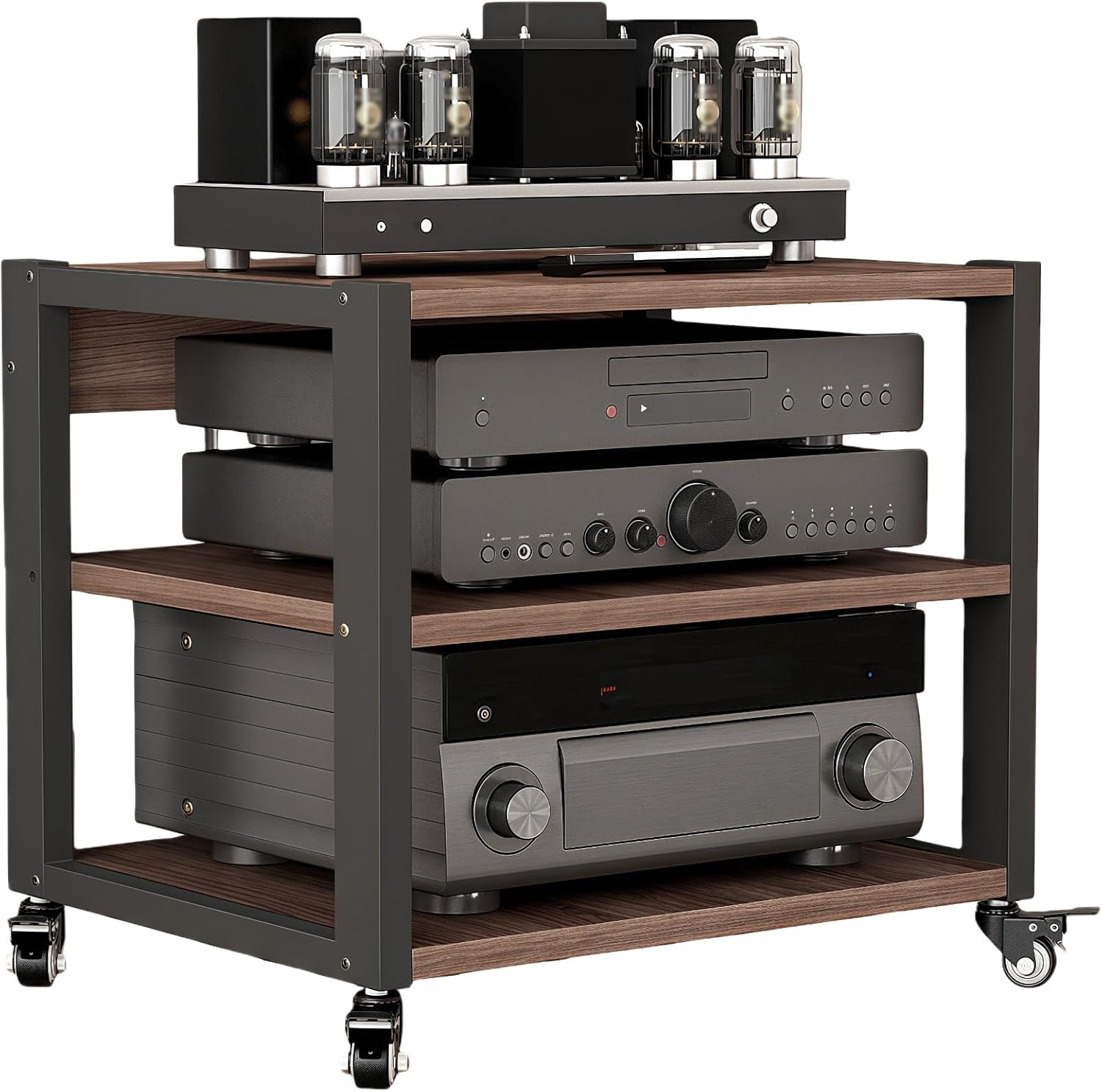 AV Media Stand with Wheels,2/3/4/5-Tier Wooden Stereo Stand,Audio Rack,Adjustable Audio-Video Shelving,Modern Stereo Cabinet Receiver Console Shelf,for Home,Office,Theater(4-tier 19.6x15.7x27.3in)
